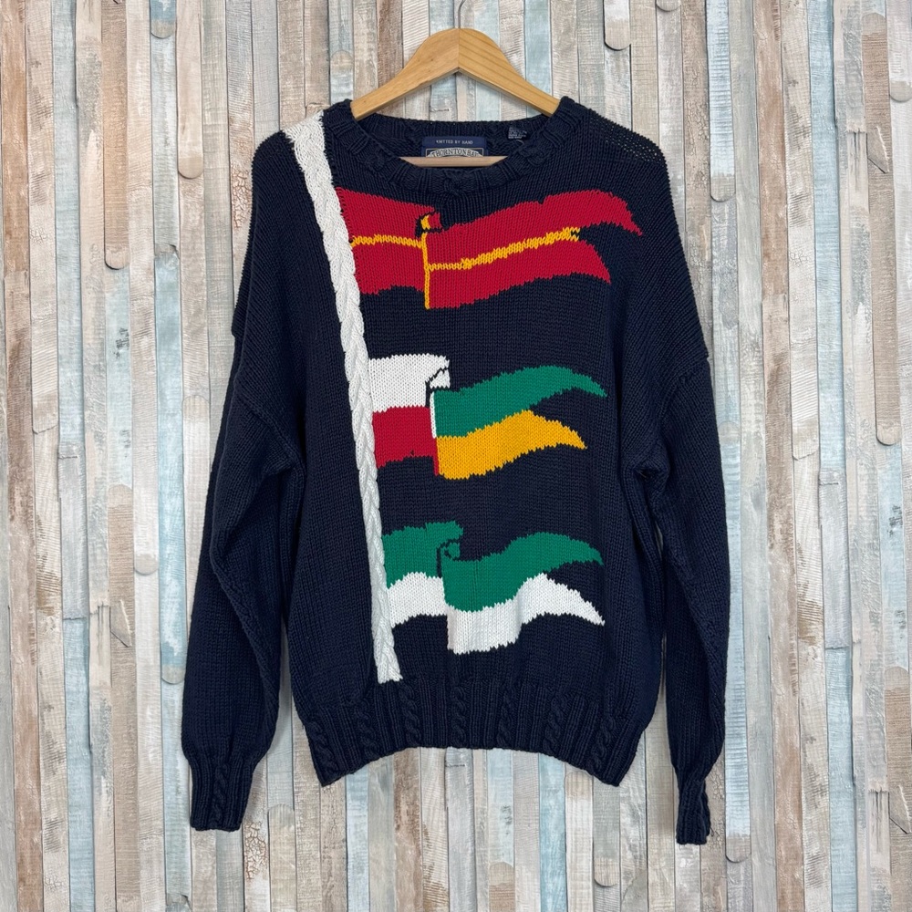 Vintage Hand Knit Knitted Nautical Flag Sweater Yacht Sailing Thornton Bay L XL
